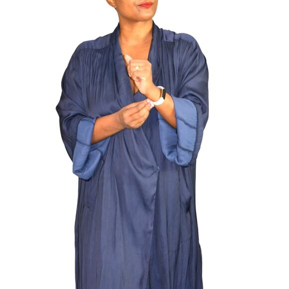 Mable Blazer Dress Blue Navy Satin Silky Oversized Side Slits Baggy Size Medium - Picture 8 of 16